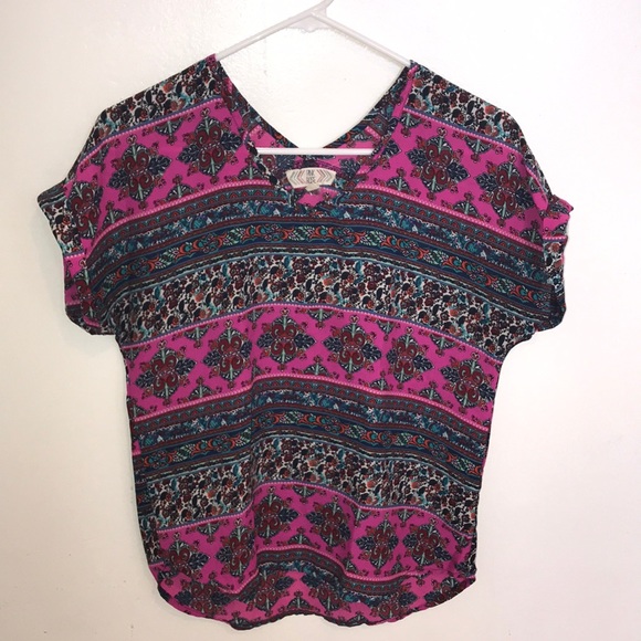 Pink Rose fucsia multi pattern short sleeve top - Picture 1 of 8